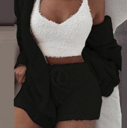 3-teiliges Damen Schlafanzug Set – Langarm Crop Top & Shorts – Ansicht 5