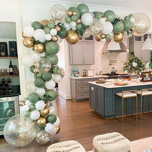 Ballongirlande Avocadogrün, Gold & Weiß – Ansicht 1