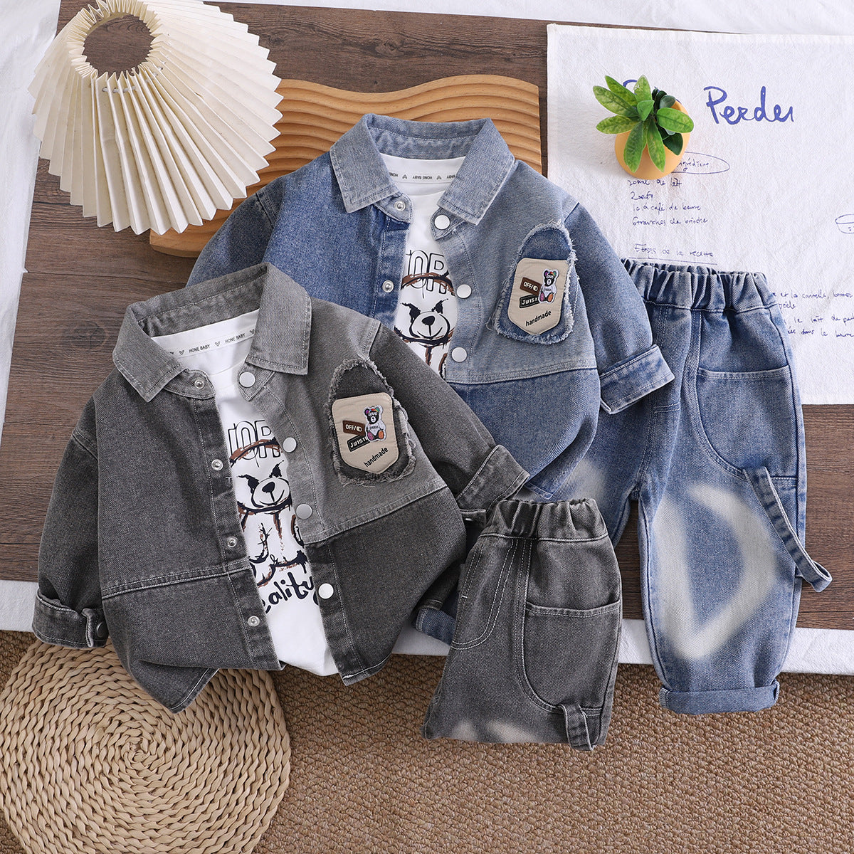 Baby and children's denim long sleeved three piece set