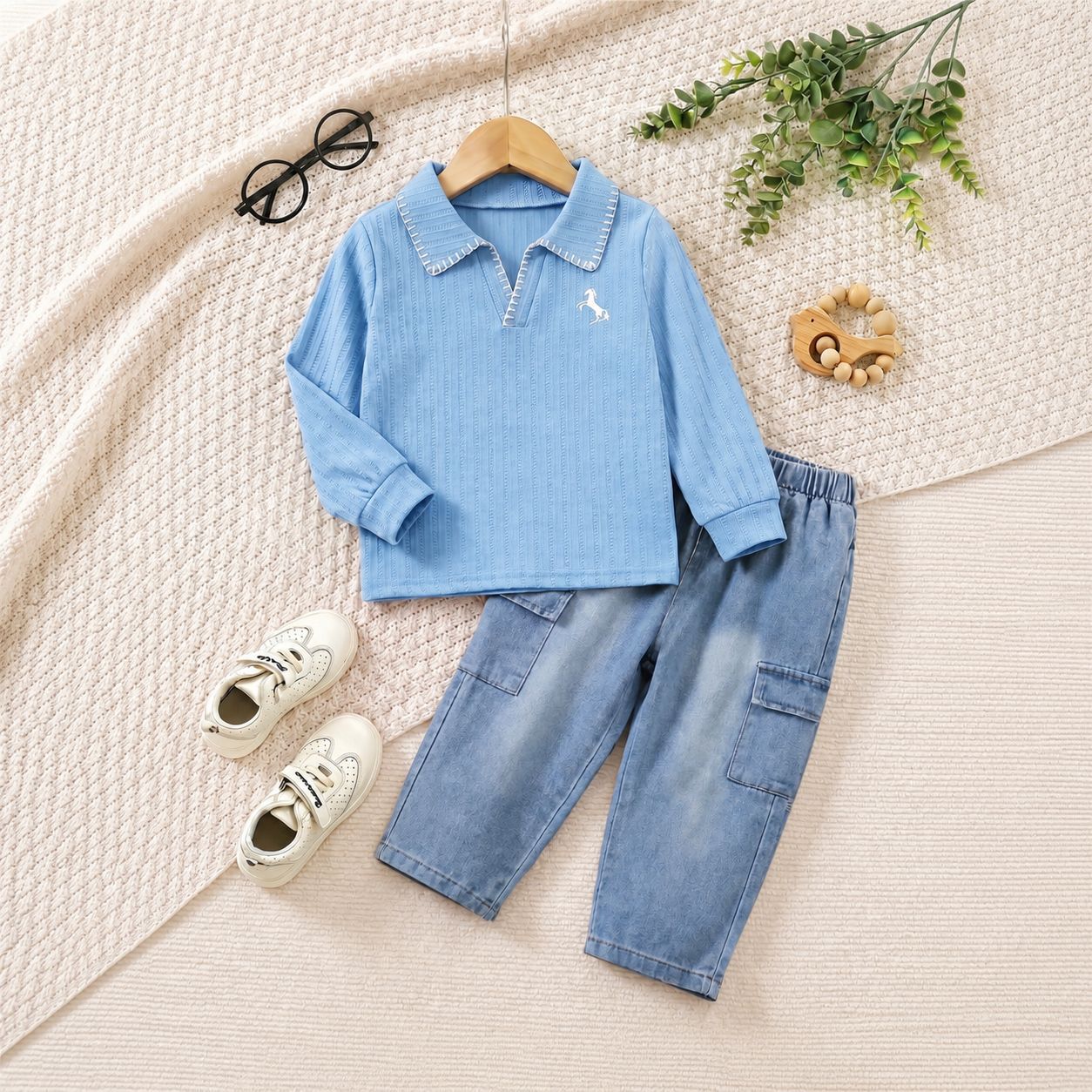 Boys' Casual Set with Embroidered Pony, Polo Shirt and Jeans Two-Piece Outfit