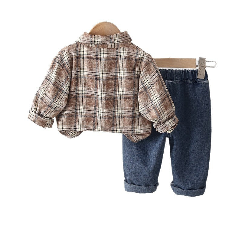 Baby autumn checkered shirt long sleeved two-piece set