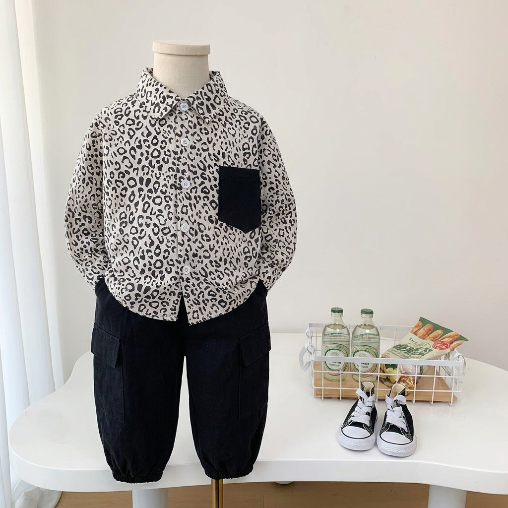 Children's casual leopard print shirt long sleeved two-piece set