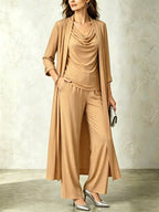 Long sleeved swing collar top long cardigan jacket long pants three piece set
