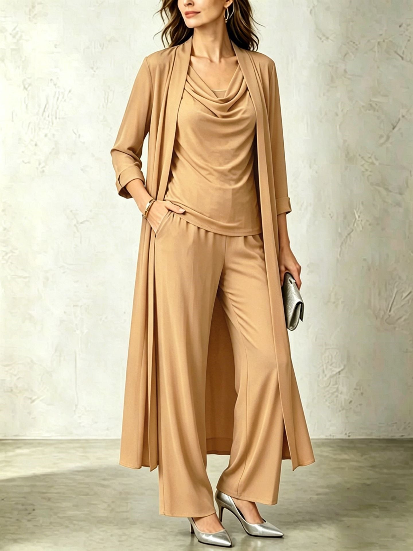 Long sleeved swing collar top long cardigan jacket long pants three piece set