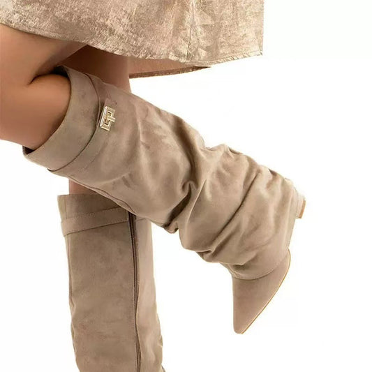 Wadenstiefel Damen mit Metallschnalle, Blockabsatz, große Größen