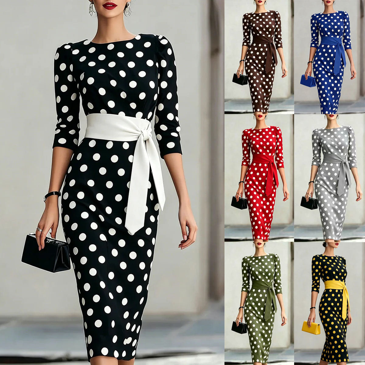 Elegantes Polka-Dot-Midikleid mit Taillengürtel