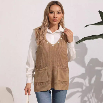 Damen-Weste mit Doppeltasche, Patchwork, V-Ausschnitt, ärmellos mit Perlenbesatz