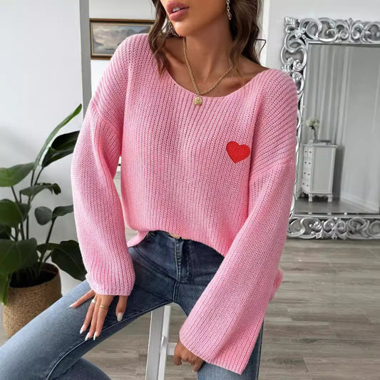 Damen-Sweater-Top mit Rundhalsausschnitt, One-Shoulder, ausgestellter Ärmel mit Herz-Stickapplikation, Strick