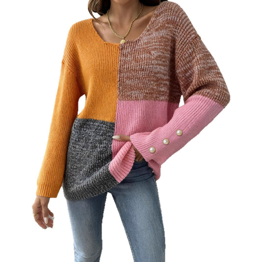 Strickpullover Damen Colorblock V-Ausschnitt mit Knopfdetail
