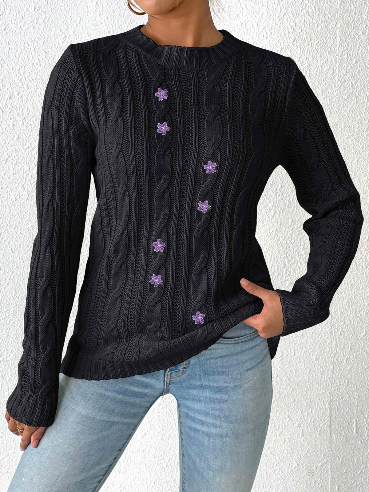 Damen Pullover mit Rundhalsausschnitt, langärmelig, Stickerei mit Blumen-Patchwork
