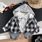 Children's plaid hooded long sleeved three piece set for babies