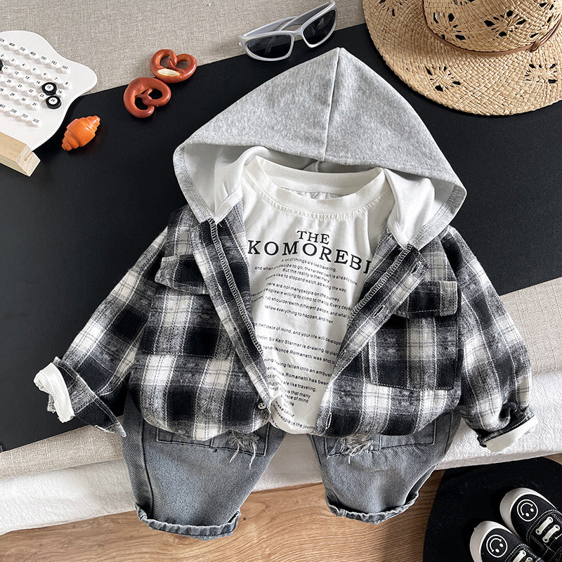 Children's plaid hooded long sleeved three piece set for babies