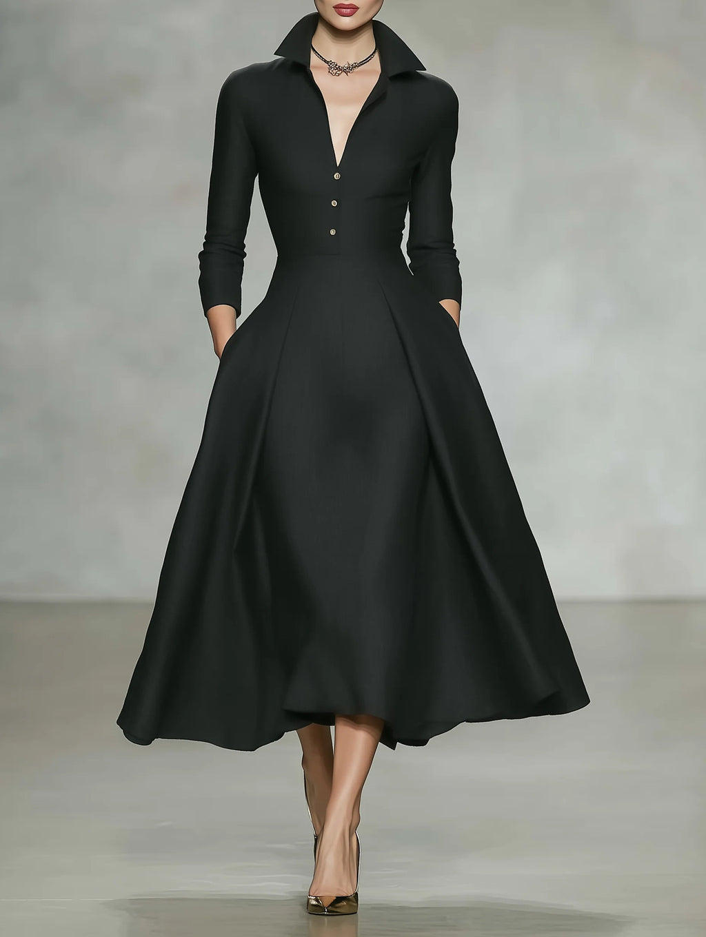 V-neck waist cinched long sleeved dress