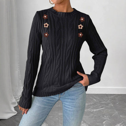 Strickpullover Damen Häkelblumen Patchwork Rundhals Basic