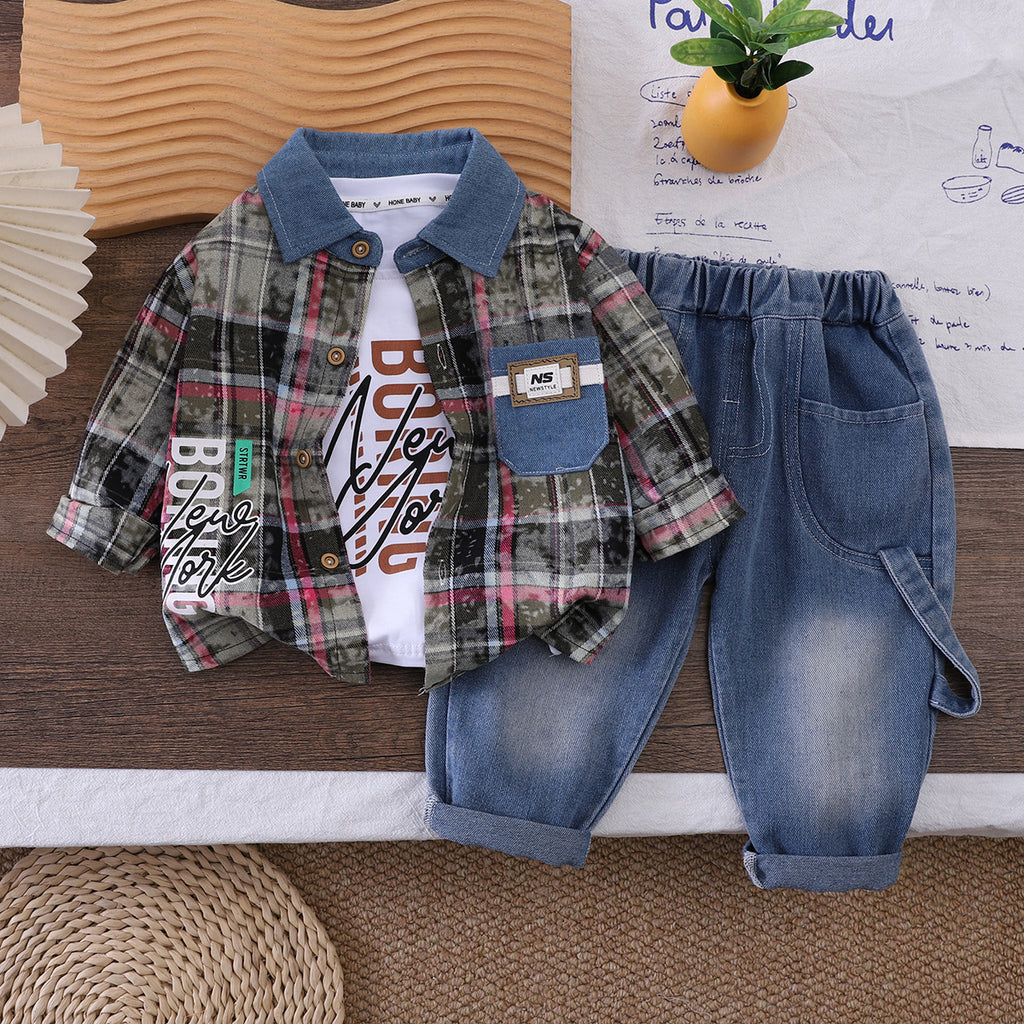 Checkered shirt casual long sleeved three piece set