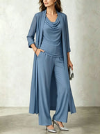 Long sleeved swing collar top long cardigan jacket long pants three piece set