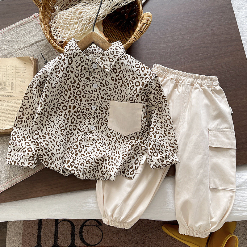 Children's casual leopard print shirt long sleeved two-piece set