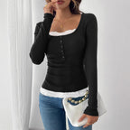Fashion Simple Round Neck Lace Panel Single Button Slim Fit Long Sleeve Top