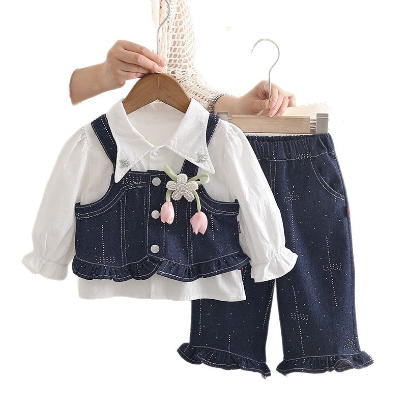 Baby girl denim suspender long sleeved three piece set