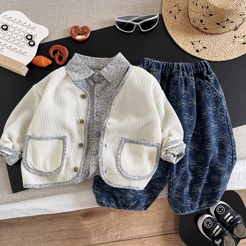 Children's clothing spring and autumn cardigan shirt three piece set