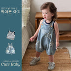 Toddler Overalls Shorts Set, Boys Vest T-Shirt, Fashionable Casual Denim Two-Piece Set