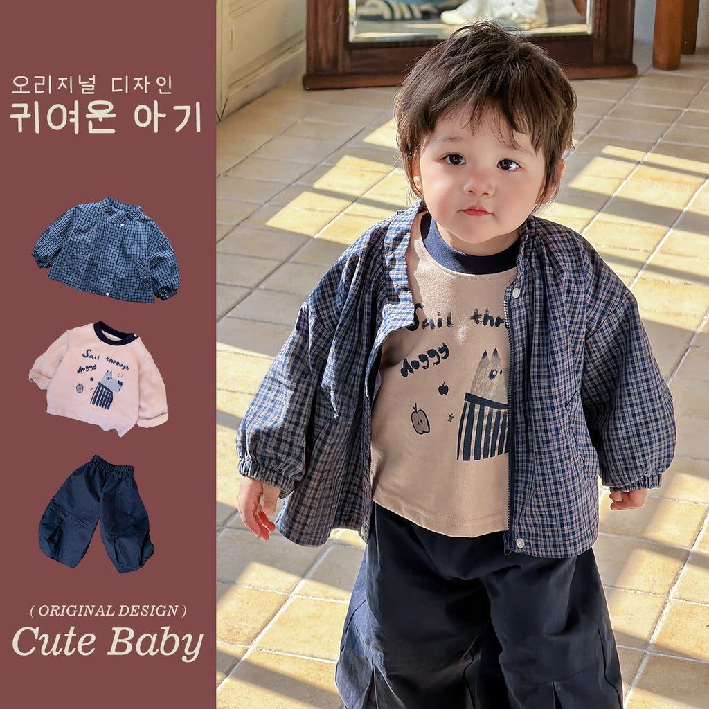 Spring Children's Plaid Coat Cartoon T-Shirt and Casual Pants