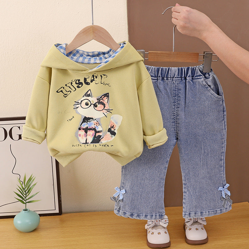 Baby girl hooded long sleeved two-piece set for infants and children