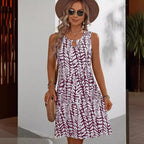 Elegant U-Neck Floral Print Sleeveless Dress with Ring Detail, Mid-Length Summer Dress for Women