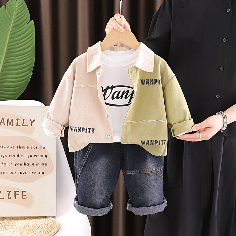 Baby autumn color blocked shirt long sleeved three piece set