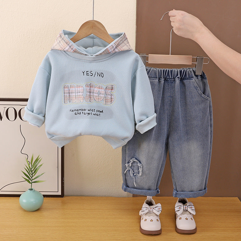 Autumn clothing baby hooded long sleeved two-piece set