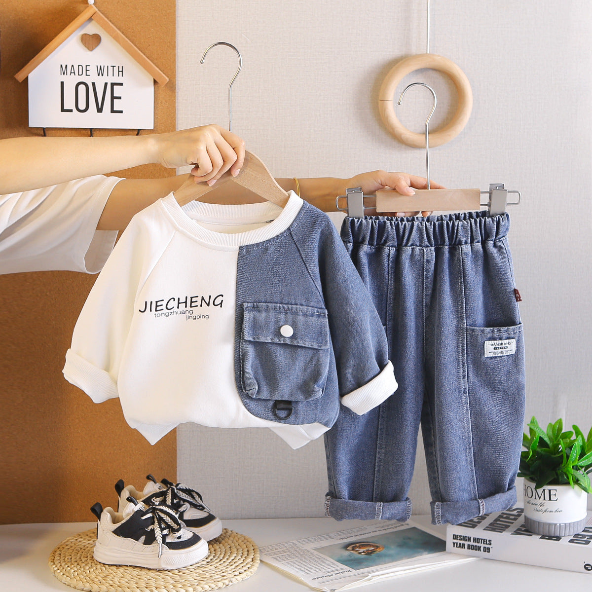 Spring and Autumn Splicing Long Sleeve Hoodie Two Piece Set for Men