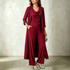 Long sleeved swing collar top long cardigan jacket long pants three piece set
