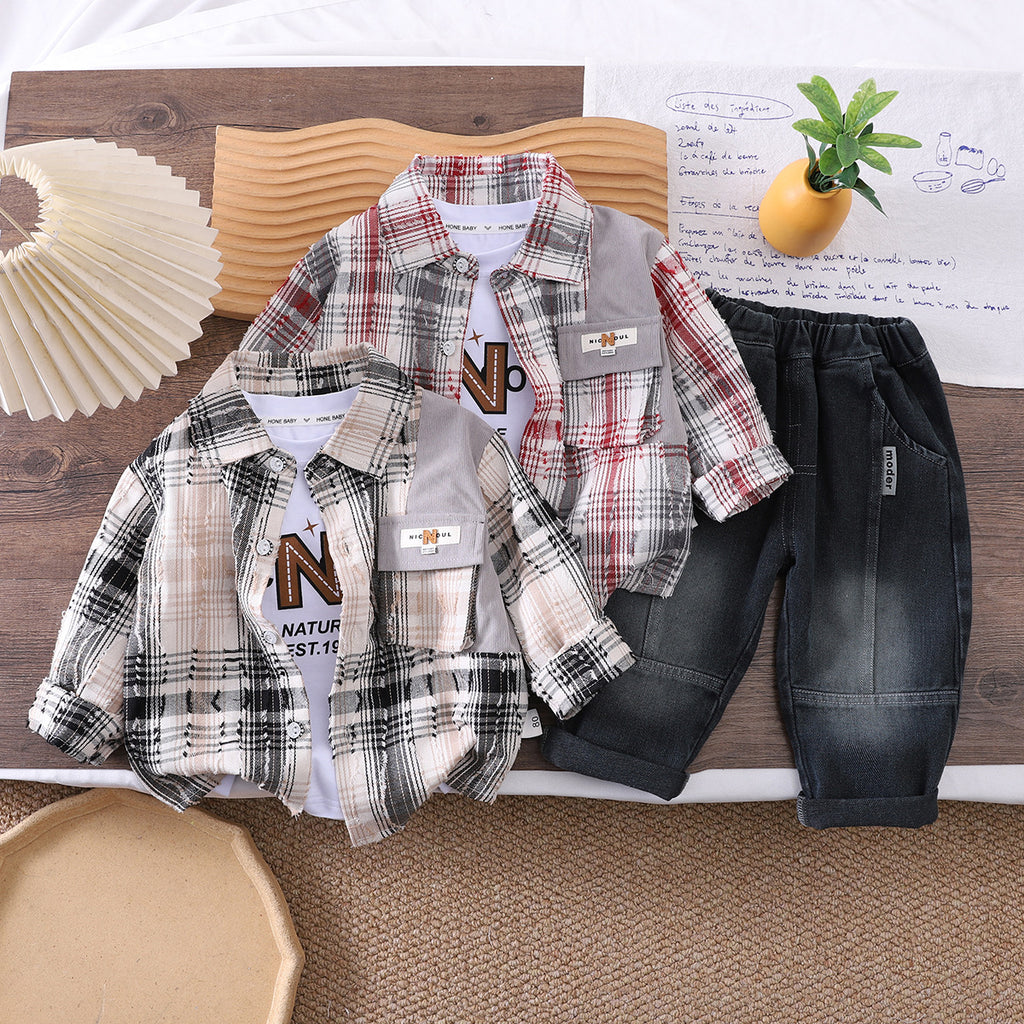 Baby Spring/Autumn Checkered Shirt Long Sleeve Three Piece Set