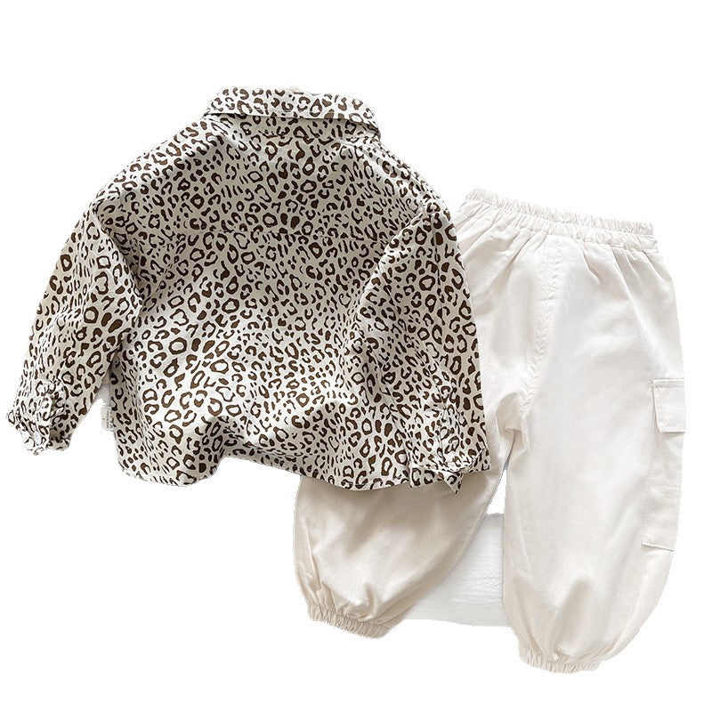 Children's casual leopard print shirt long sleeved two-piece set