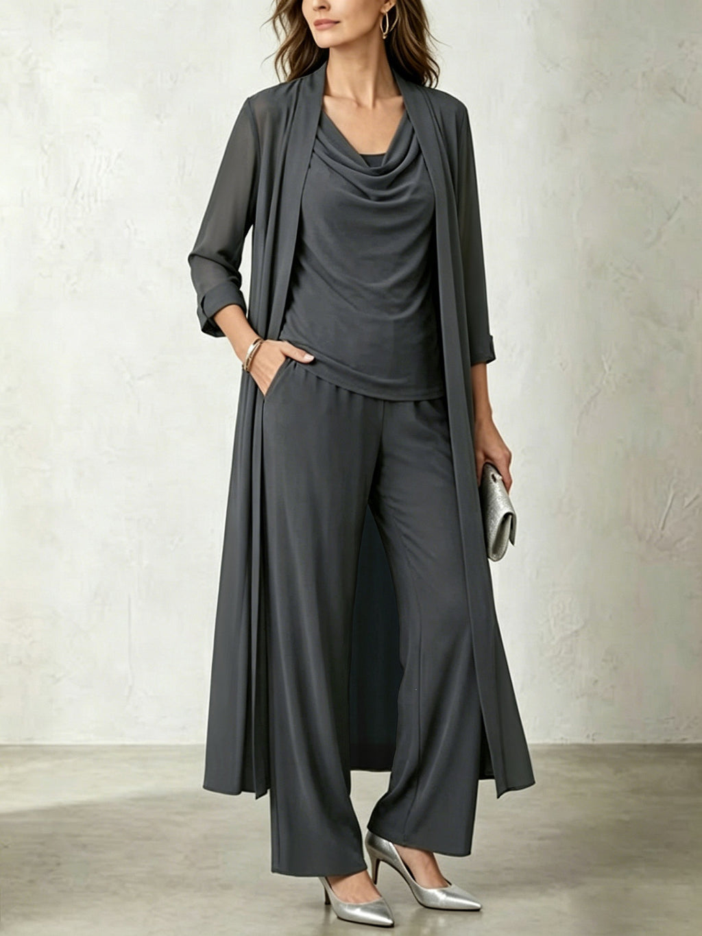 Long sleeved swing collar top long cardigan jacket long pants three piece set