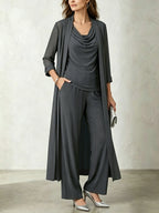 Long sleeved swing collar top long cardigan jacket long pants three piece set