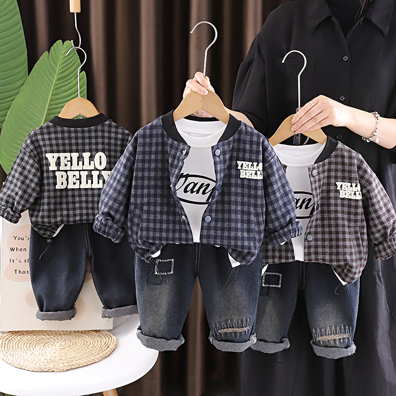 Spring and Autumn Checkered Coat Long Sleeve Three Piece Set