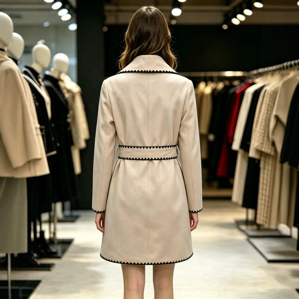 Eleganter Wollmantel mit Kerbkragen, Colorblock, Zickzack-Saum, Herbst Winter