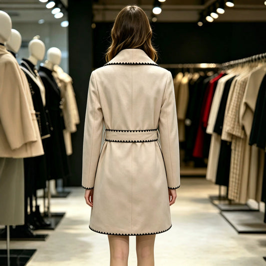 Eleganter Wollmantel mit Kerbkragen, Colorblock, Zickzack-Saum, Herbst Winter
