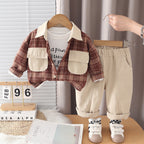 Checkered shirt long sleeved three piece set for baby and children's casual clothes