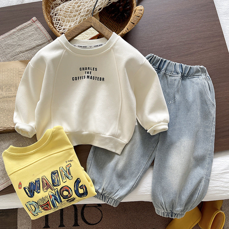 Baby and children's casual round neck shirt long sleeved two-piece set