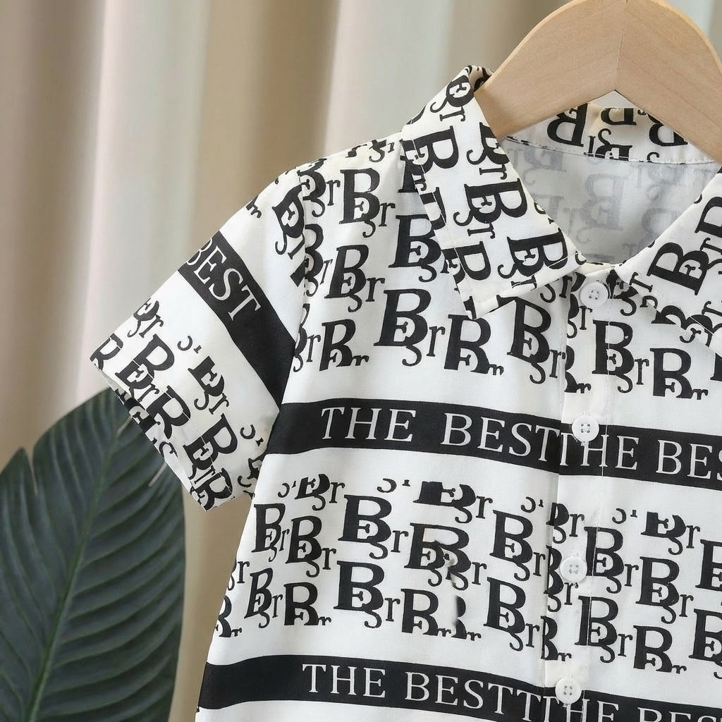 Kids Letter Print Short Sleeve Shirt Set, Boy's Loose Denim Shorts Two-Piece Set