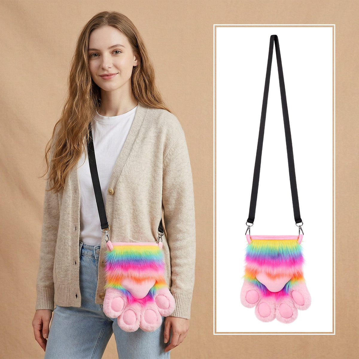 Plüsch-Umhängetasche Regenbogen Tierpfoten-Design