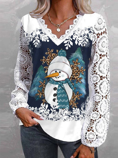 Damen Weihnachtsbluse mit Schneemann-Print und Spitzenärmeln – Ansicht 1