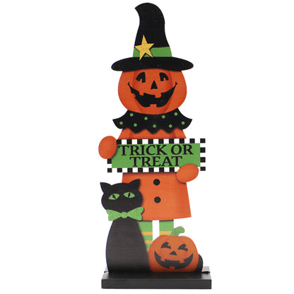 Halloween Tischdeko aus Holz mit Kürbismann und Hexe – Ansicht 2