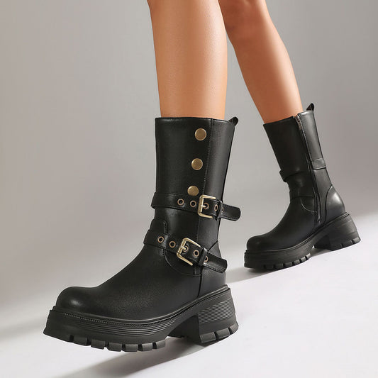 Ankle Boots Damen Punk-Style mit Schnalle, Plateausohle