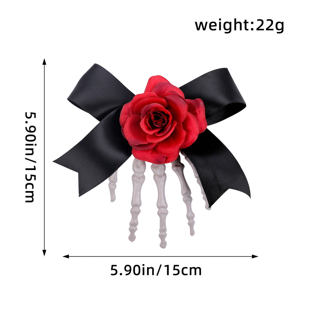 Halloween Skull Skeleton Hand Hair Clip, Ghost Festival Horror Rose Bow Ghost Hand Side Hair Clip
