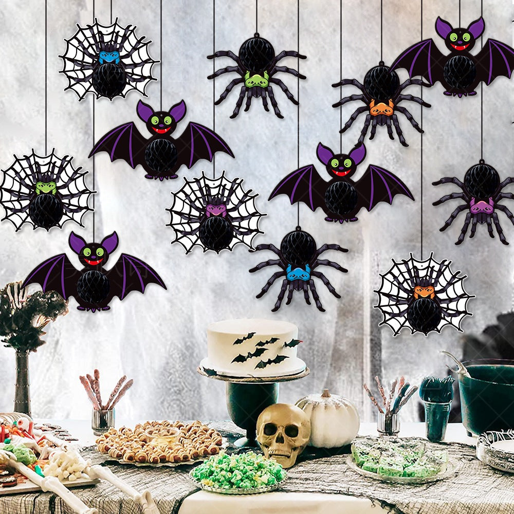Halloween Decorative Hanging Ornament Spider Bat Honeycomb Ball Pendant 3D Spider Honeycomb Decoration