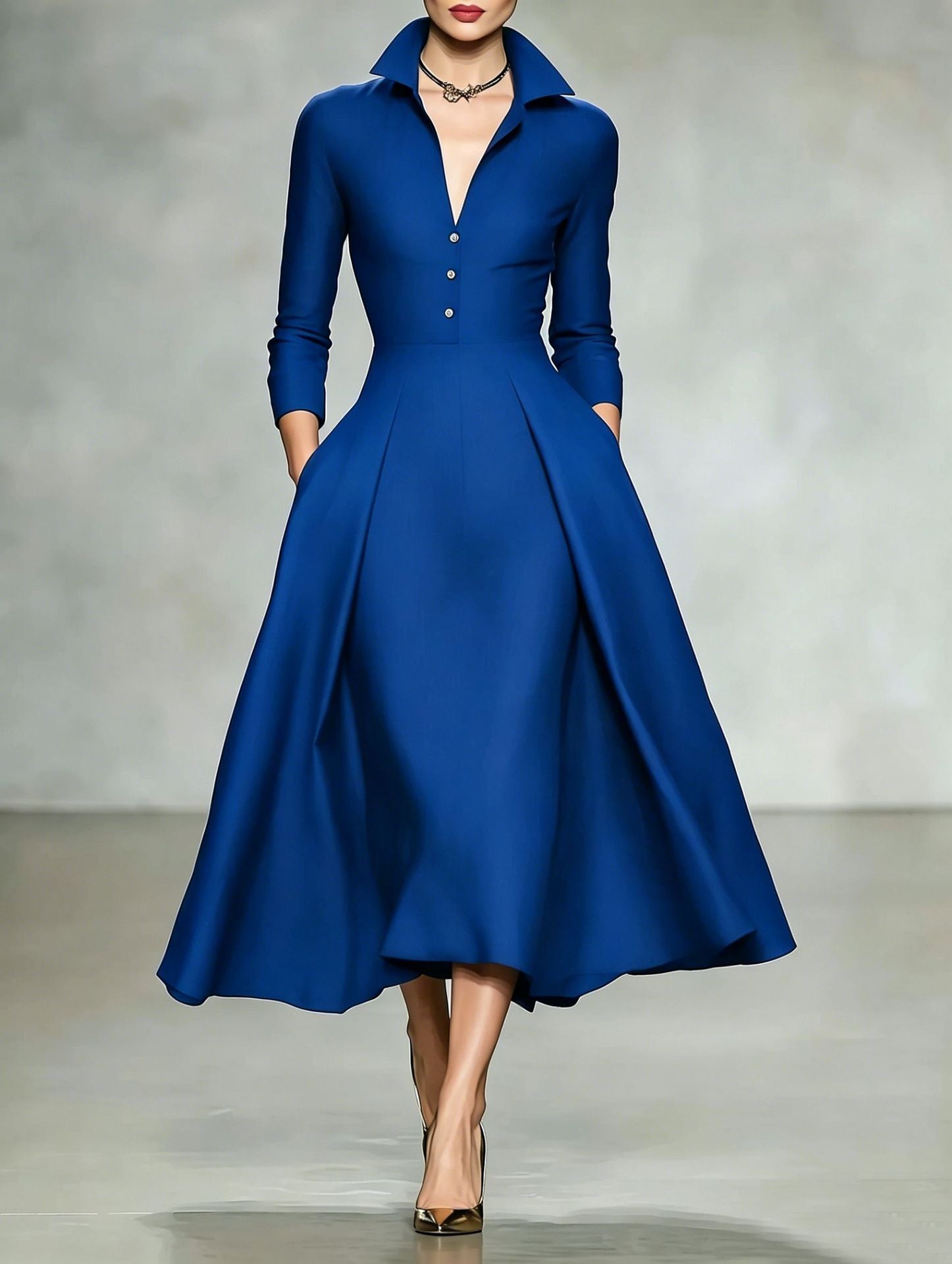 V-neck waist cinched long sleeved dress