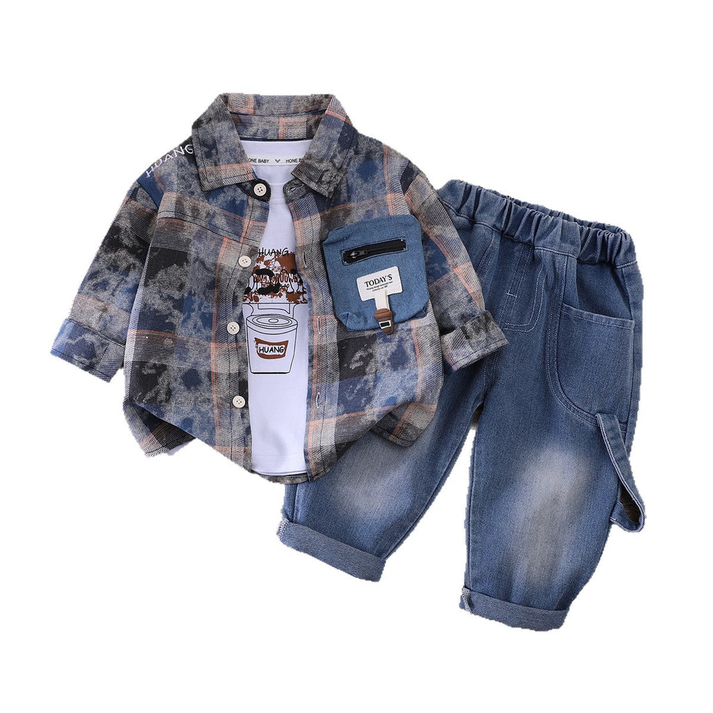 Men's Baby Checkered Shirt Long Sleeve 3-Piece Set